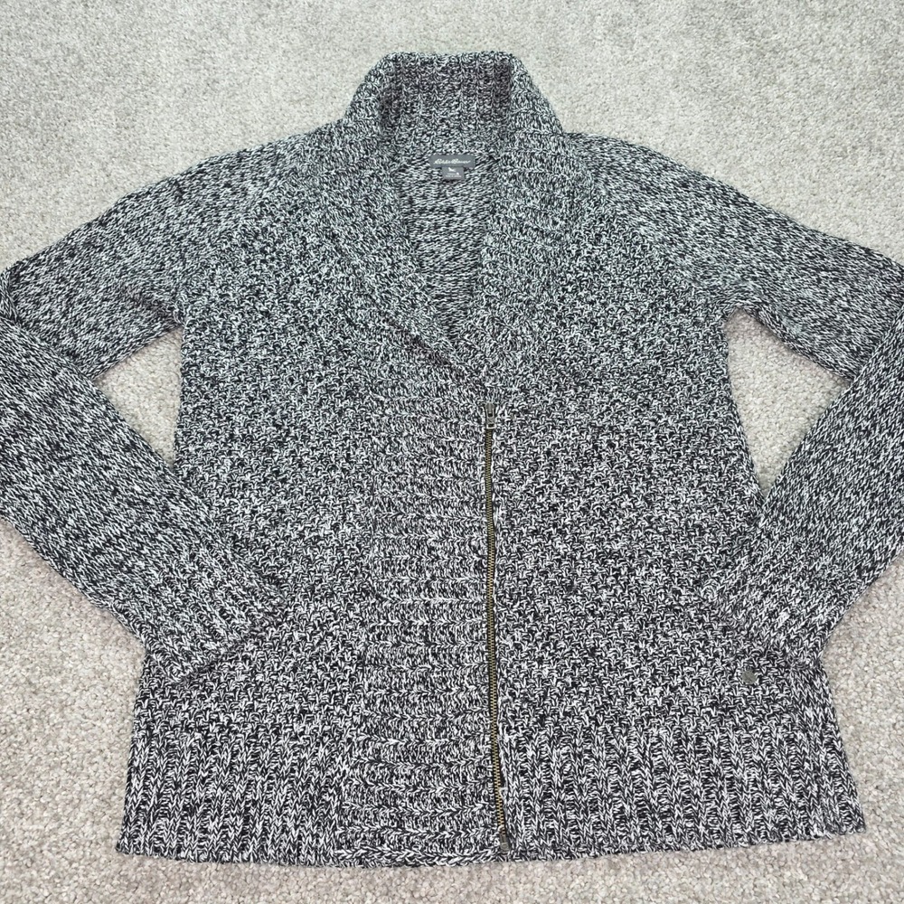 Eddie Bauer Womens Small Black White Marled Zip Up Shawl Collar Cardigan Sweater